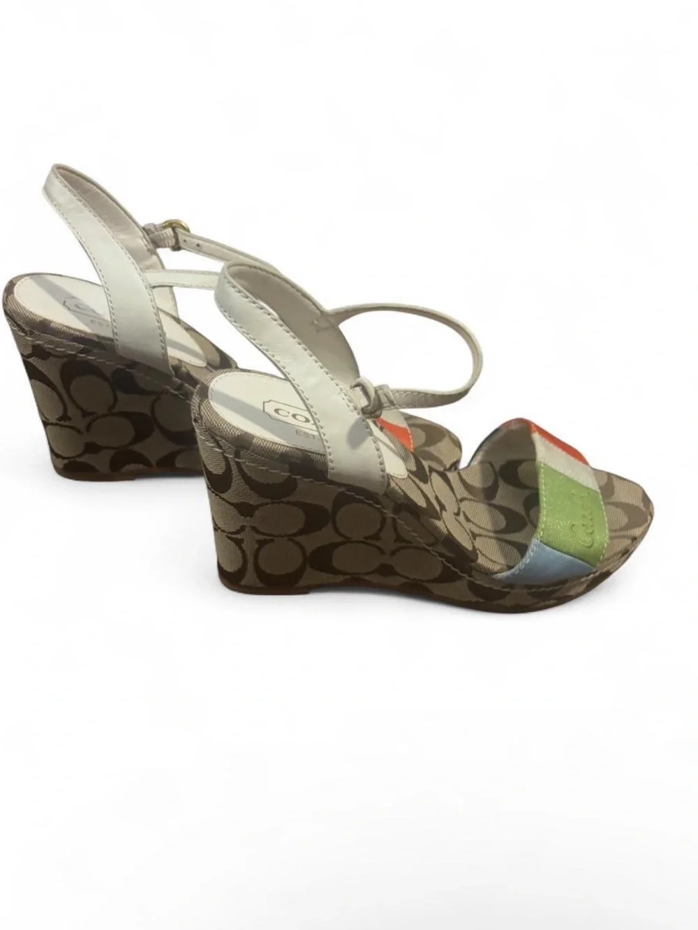 Coach Multicolor Signature Canvas Wedge Sandals - Cream, Brown & Rainbow